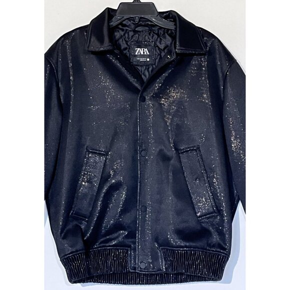 New Zara Black Metallic Pockets Snap Front Insulated Moto Bomber Jacket - Picture 3 of 10
